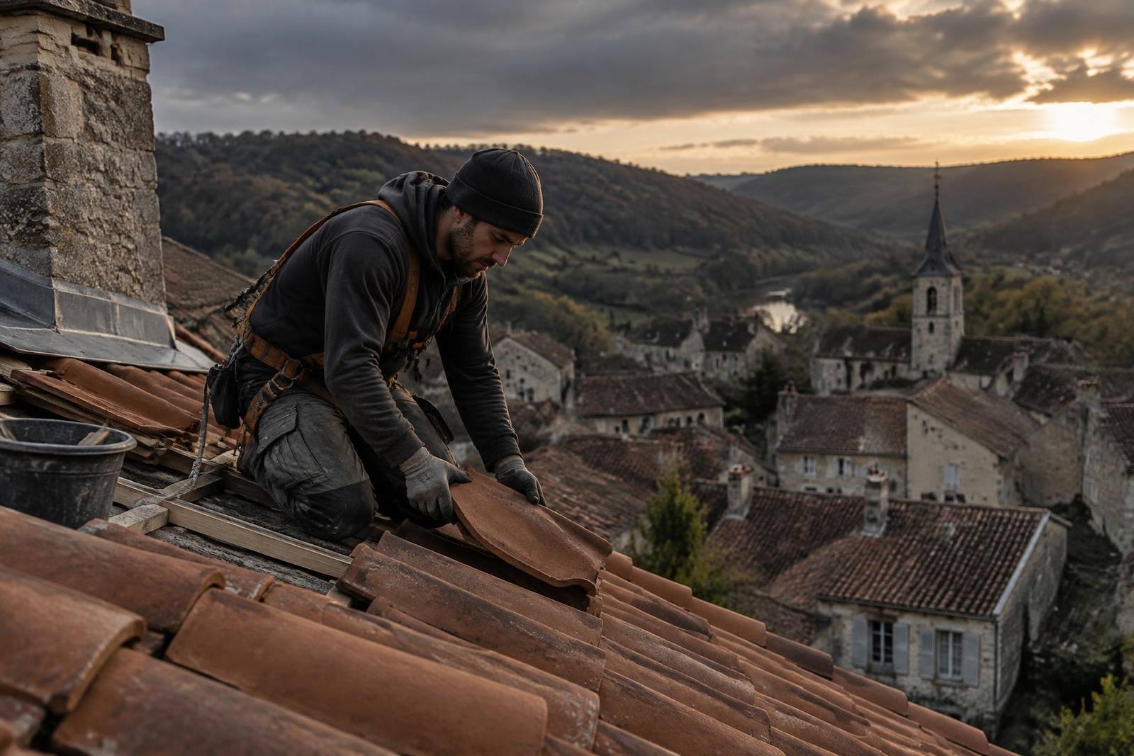Couvreur posant des tuiles sur une toiture de village en Haute-Marne